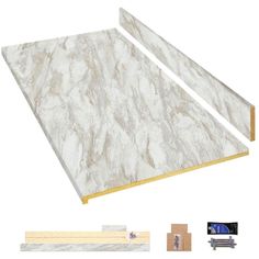 white marble tile with gold trimmings and other materials