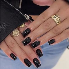 Super Cute And Stylish Ships In 5-10 Business Days Short Cute Square Acrylic Nails, Small Black Acrylic Nails, Black Small Acrylic Nails, Black Wedding Nails Square, Black Short Square Nails Ideas, Black Nails Gold Jewelry, Black Square Gel Nails, Short Wide Square Nails, One Solid Color Acrylic Nails