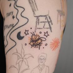 a woman's arm with drawings on it, including a chair and a ladder