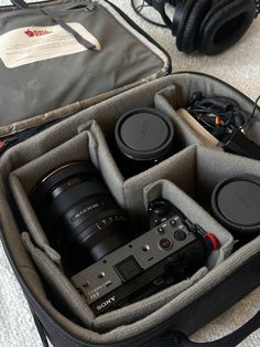 a camera and headphones are in an open case