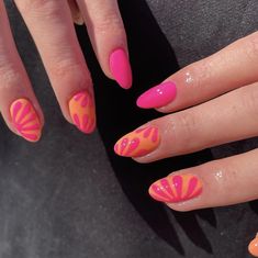 Nail Inspo Without Acrylics, Orange Trendy Nails, Trendy Vacation Nails, Bright Vacation Nails, Tropical Summer Nails, Cancun Nails, Orange And Pink Nails, Summer Nail Colors, Spring Break Nails