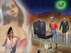 two people are standing in front of a bbq with an alien on the grill