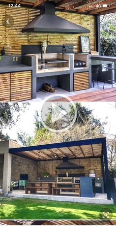 an outdoor kitchen is shown in two different pictures, and the same one has been built into