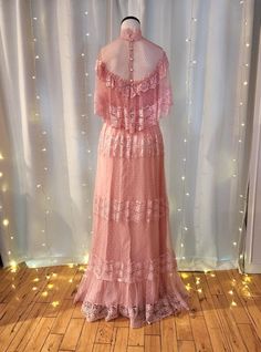 Romantic 1970s Pink Lace Gown, Size 4 - Etsy Pink Lace Prom Gown, Pink Formal Gown With Lace Bodice, Formal Pink Gown With Lace Bodice, Pink Lace Feminine Gown, Feminine Pink Lace Gown, Feminine Evening Gown With Lace Trim, Pink Lace Floor-length Evening Dress, Pink Lace Maxi Dress With Lace Trim, Pink Feminine Lace Dress For Wedding