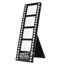 a black and white film strip with four different frames on the front, one is empty