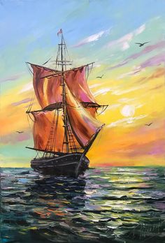 an oil painting of a sailboat in the ocean at sunset with birds flying around