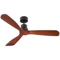 a ceiling fan with two wooden blades on the top and one black blade on the bottom