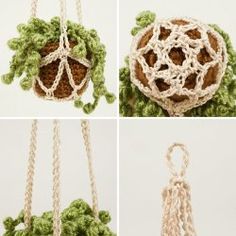 four different pictures of plants hanging from chains with beads and tassels on them