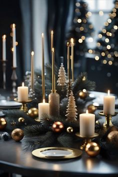 a table topped with candles and christmas decorations