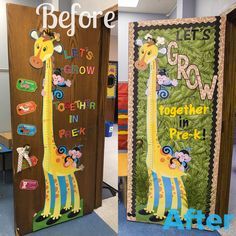 two doors decorated to look like giraffes with the words, before and after