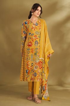 Dandelion yellow A-line kurta with ikat, floral print and gold embroidery in center panel. Paired with narrow pant and gota embroidered dupatta. - Aza Fashions Dandelion Yellow, Kurta Set For Women, A Line Kurta, Printed Kurti, Embroidered Dupatta, Ikat Print, Gold Embroidery, Fashion App, Kurta Set