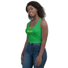 Be ready to show your love for Brazil with these World Cup crop tops! This crop top feature a Brazillian flag print on the back to show your love for Brazil. These are perfect for wearing during the game or as a patriotic top to wear at work or when you're out running errands. Show your love and patriotism with this beautifully crop top. View more Brazil items + PRODUCT DESCRIPTION + 82% Polyester / 18% Spandex Material has a four-way stretch meaning the fabric stretches and recovers at the crot Green Sports Crop Top, Turquoise Car, Crop Tanks, Costume Intero, Athlete Workout, Crop Top Outfits, Cropped Tops, Crop Tank Top, Cool Costumes