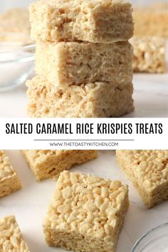 salted caramel rice krispies treats stacked on top of each other with text overlay