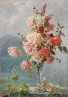 a painting of flowers in a vase on a table