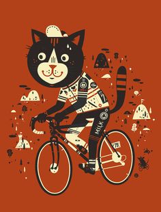 a black and white cat riding a bike on a red background with other cats around it