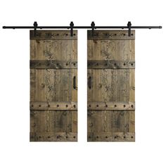 two wooden doors with metal handles on each side