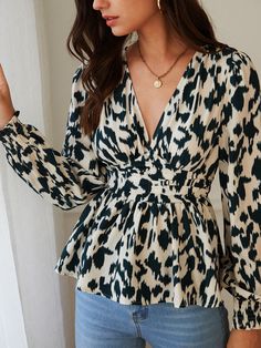 Multicolor Elegant Collar Long Sleeve Woven Fabric All Over Print Peplum Embellished Slight Stretch  Women Tops, Blouses & Tee Peplum Tops, Elegant Style Women, Chic Blouses, Lovely Tops, Shein Tops, Floral Print Tops, Looks Chic, Trendy Tops