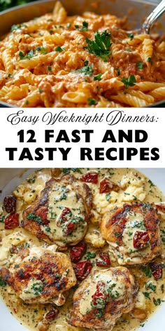 two pictures with different types of pasta in them and the words easy weeknight dinner