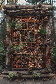 an outdoor display with pine cones, acorns and other things on the wall