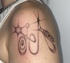 a woman with a tattoo on her shoulder has scissors in the shape of an eye