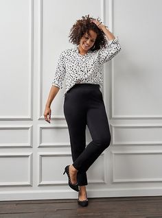 FIT Model is 5'9” wearing size 16. High rise. Eased through the hip and thigh with a tapered leg. Pull-on elastic waist. Inseam: 27”. MATERIALS + CARE Luxe Ponte knit fabric: Our signature work (any) wear fabric with office-approved tailoring, WFH stretch and comfort, and curve-loving hold. Plus, it’s machine washable! Stretch level: Maximum. 68% rayon, 28% nylon, 4% spandex. Machine wash cold. Line dry. Imported. DETAILS Pull-on elastic waistband. Faux fly. No hardware or buttons for optimal co Professional Outfits Women Plus Size, Office Outfits Women Plus Size, Plus Size Business Attire, Office Attire Women, Business Casual Dress Code, Professional Outfits Women, Stitch Fix Outfits, Office Outfits Women, Stylish Work Outfits