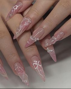 Long Almond Nails With Gems, Clear And White Nails, Princess Nails Aesthetic, Clear Acrylic Nails, Anime Nails, Girly Acrylic Nails, Pretty Gel Nails