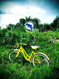 a yellow bicycle parked in the grass next to a sign with dolphin logo on it