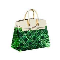 a green and white handbag with gold handles