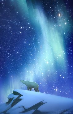 a polar bear standing on top of a snow covered hill under the stars and sky