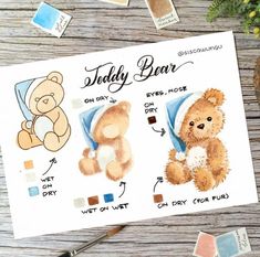 an image of teddy bears on paper with watercolors and crayon pencils