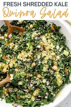 fresh shredded kale quinoa salad in a white bowl