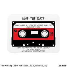 a red and black cassette tape save the date sticker on a white background with text