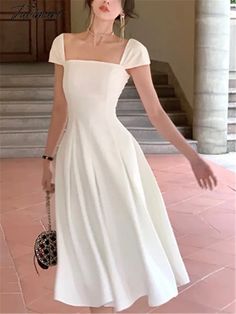 TAVIMART - Elegant Midi Dress Women Summer New Fashion Evening Party L – tavimart Korean White Dress, Confirmation Dresses, Party Ladies, Elegant Midi Dress, Office Dresses For Women, Elegant Midi Dresses, Grad Dresses, Midi Dress Party, Vestidos Vintage