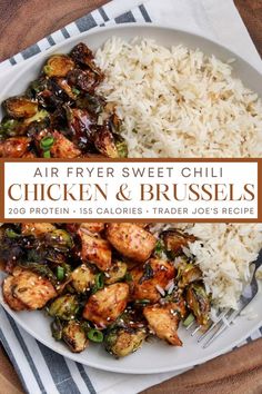 chicken and brussel sprouts on a plate with rice