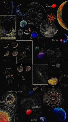 the solar system is shown with all its planets and their names in black, blue, red