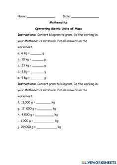 worksheet showing the answers for an interactive workbook on mass and volume 2