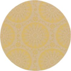 a yellow and white circular rug on a white background