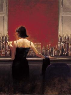 a painting of a woman sitting at a bar