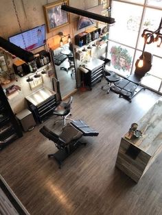 an overhead view of a barber shop with lots of equipment