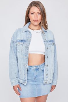 Keep it cool & keep it casual in our Women's Oversized Denim Jacket. Featuring subtle distressed detailing for that edgy feel. Featuring buttoned flap pockets on front, functional side pockets, 6 button front closure, a classic collar, and button-cuff long sleeves. Due to the nature of the novelty wash process and hand-crafted design, each garment will have a unique appearance.Measurement (Based on size M)- Sleeve Length (From shoulder seam): 23.5” - Length: 27.5” - Chest: 19.5” • Machine wash c Oversized Denim Jacket With Button Closure For Everyday, Oversized Light Wash Button-up Denim Jacket, Oversized Denim Jacket With Buttoned Pockets For Everyday, Spring Light Wash Denim Jacket With Buttoned Pockets, Oversized Blue Denim Jacket With Buttoned Pockets, Everyday Light Wash Distressed Denim Jacket, Everyday Light Wash Denim Jacket With Buttoned Pockets, Oversized Button-up Denim Jacket, Relaxed Fit Light Wash Outerwear With Frayed Hem