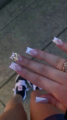 Nails Ideas Latina, Medium Basic Acrylic Nails, Square Acrylic Nails Mexican, Mexican Baddie Nails, Basic Vacation Nails, Gems Nails Designs, Birthday Nail Set Ideas January, Clear White Acrylic Nails, 2025 Nail Designs