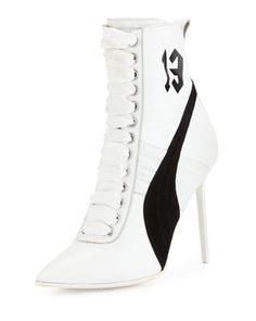 Suede 105mm Sneaker Bootie, White/Black by Fenty Puma by Rihanna at Bergdorf Goodman. White High Heel Boots, White Lace Up Boots, Robert Jr, Shoes Sneakers White, White Ankle Boots, Womens Black Booties, White Booties, Booties Shoes, Lace Up High Heels