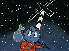 a cartoon character holding a baseball bat in front of a sky filled with stars and snow