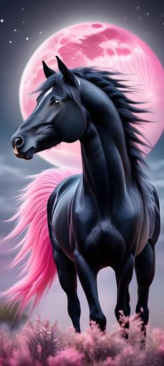 a black horse with pink mane standing in front of a full moon and stars filled sky