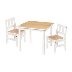 a white table and two chairs with a wooden top on a white background in front of a white backdrop