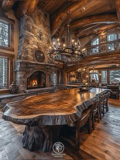 a large wooden table in the middle of a room with chandelier and windows