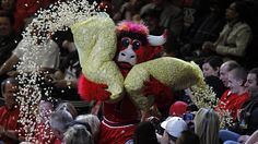 a person in a red and white costume holding a stuffed animal with sprinkles on it