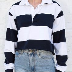 Collard With Buttons Never Worn Navy Stripes Tops Brandy Melville, Brandy Melville Long Sleeve, Cropped Polo, High School Outfits, Midsize Fashion, Swimsuits Outfits, Brandy Melville Tops, Long Sleeve Polo Shirt, Rugby Shirt