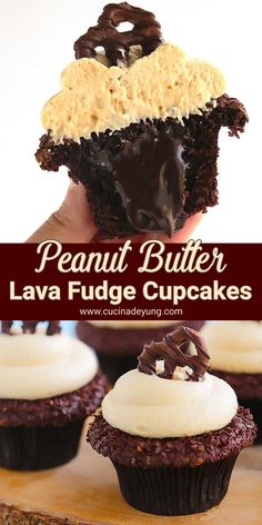 chocolate cupcakes with white frosting and peanut butter on top