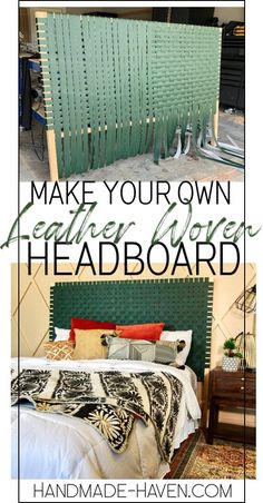 a bed that has been made with green headboard and the words make your own beaded